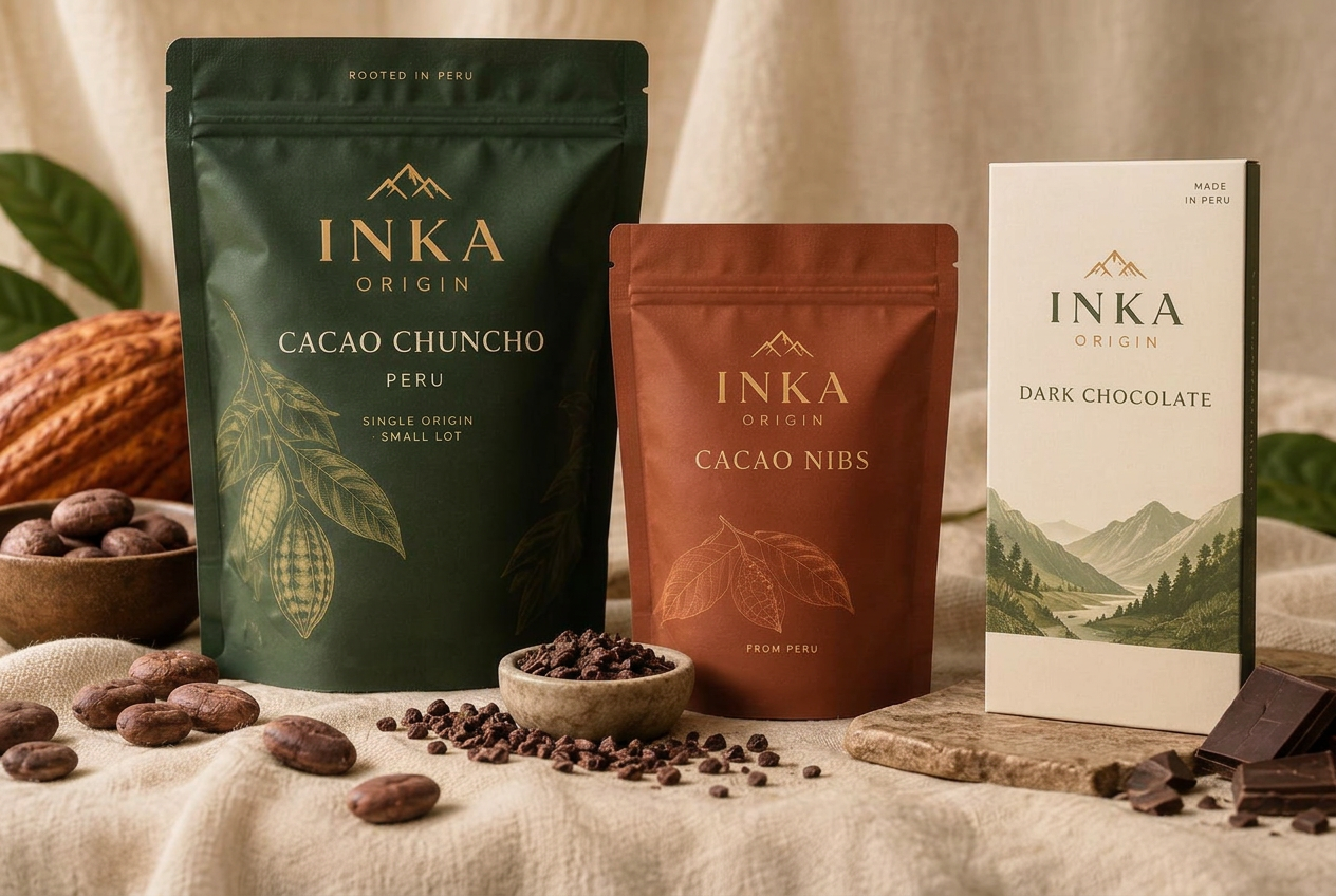 Cacao Chuncho packaged as beans, nibs and dark chocolate
