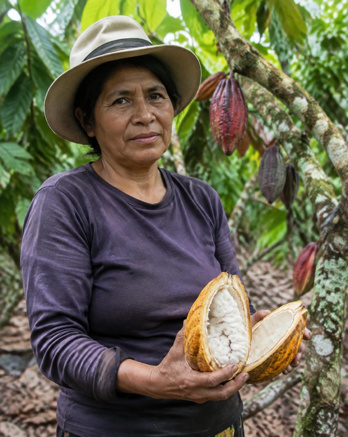 Peruvian cacao producer holding an opened cacao pod