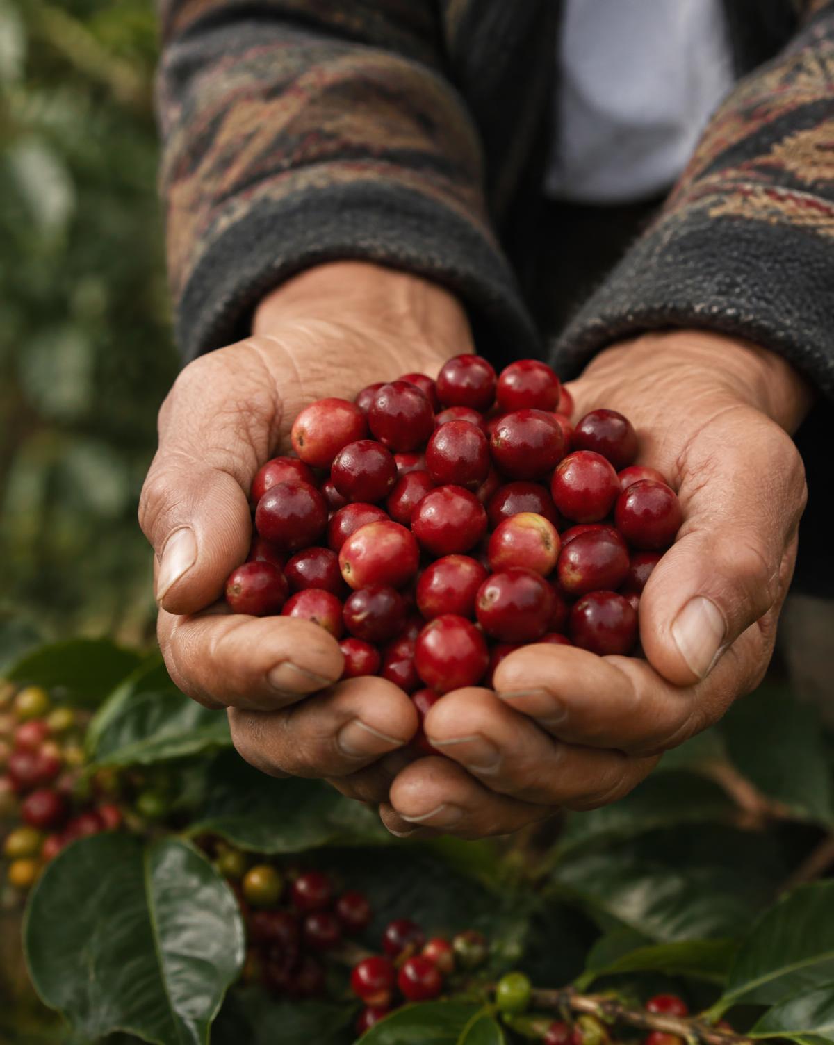A farmer's hands holding ripe coffee cherries