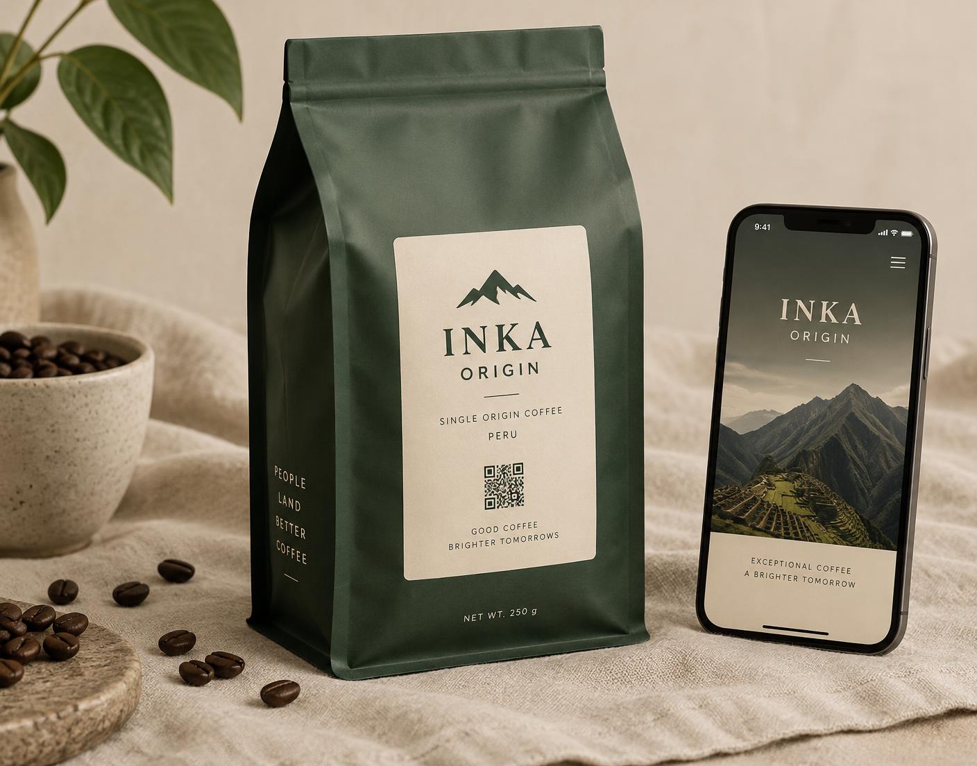 INKA ORIGIN coffee bag with QR code next to a smartphone